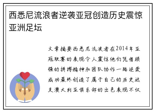 西悉尼流浪者逆袭亚冠创造历史震惊亚洲足坛 西悉尼流浪者逆袭亚冠创造历史震惊亚洲足坛